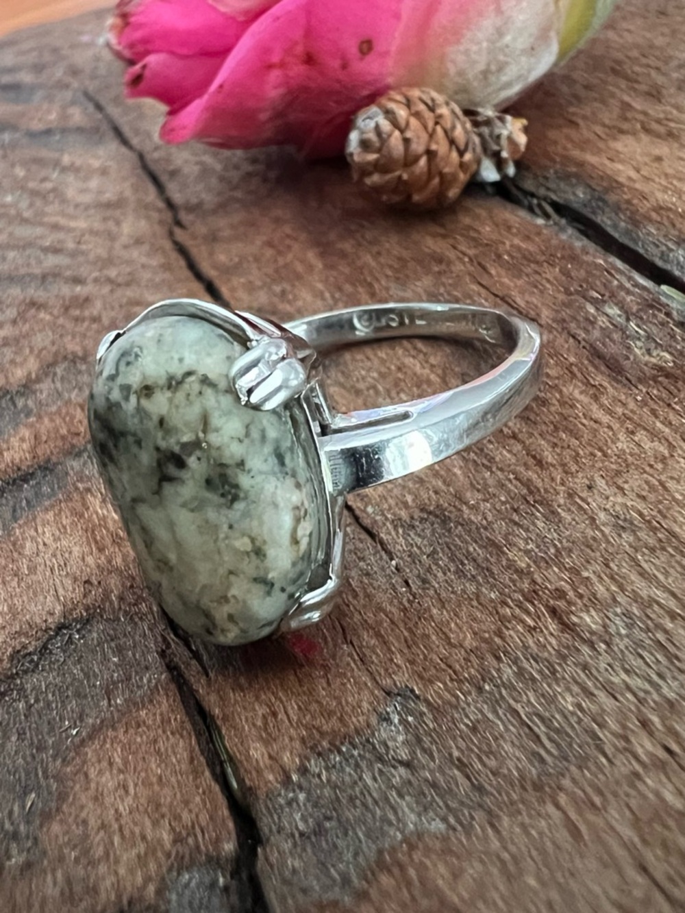 Artisan 925 Dendritic Agate Ring Moss Green Beige Milky Grey Opaque 7.5 Oval